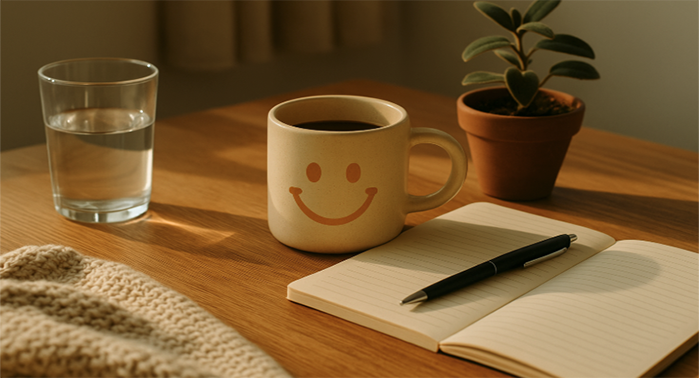 Taza sonriente, libreta y planta sobre mesa iluminada por el sol.